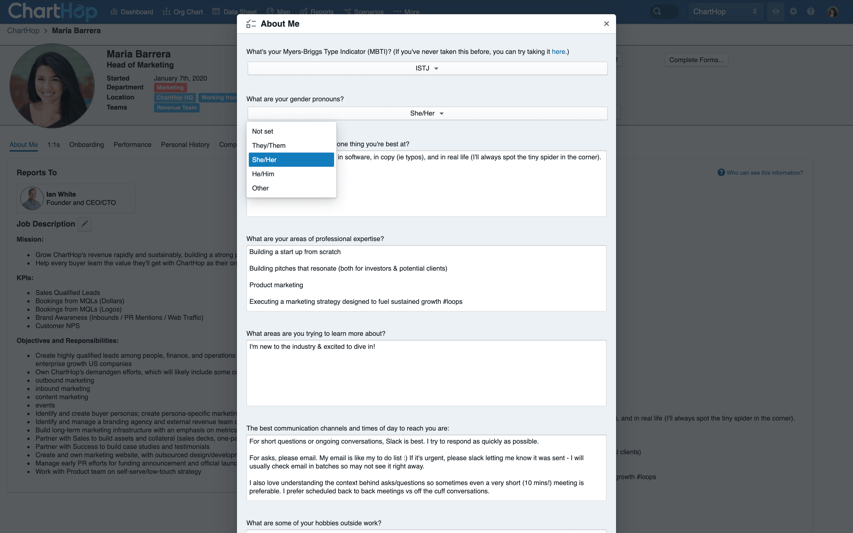Screenshot of ChartHop's Employee Profile