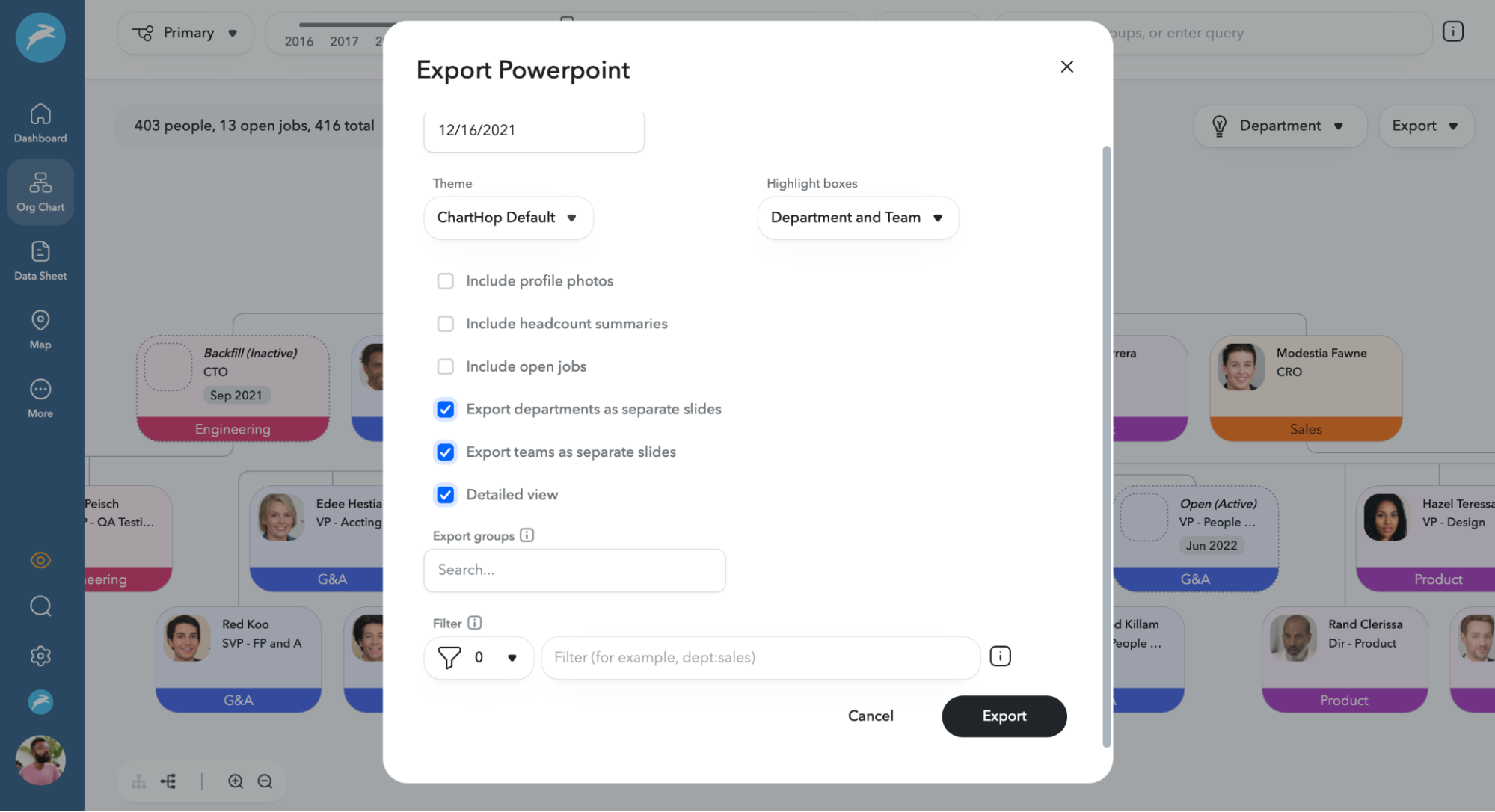 Options to export ChartHop org chart to PowerPoint
