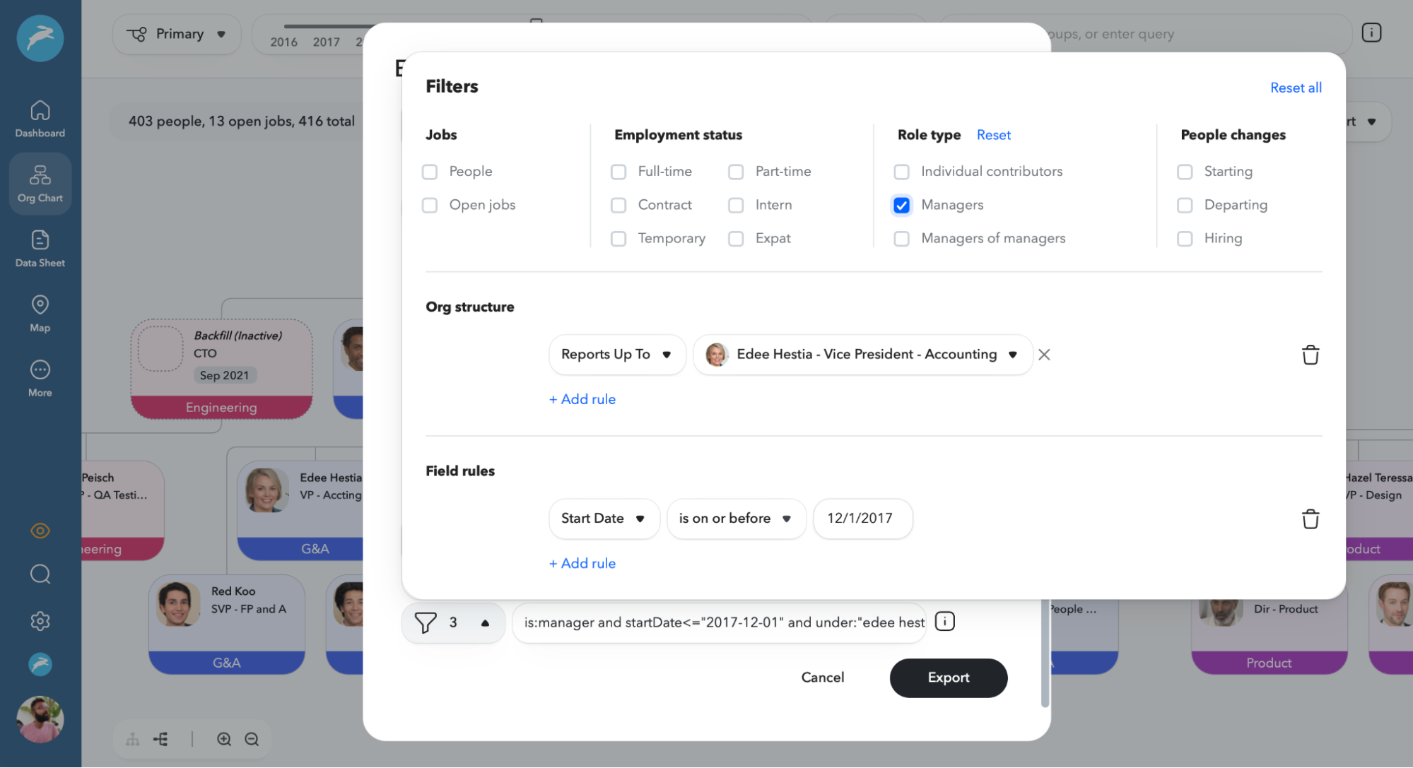Filters to export ChartHop org chart to PowerPoint