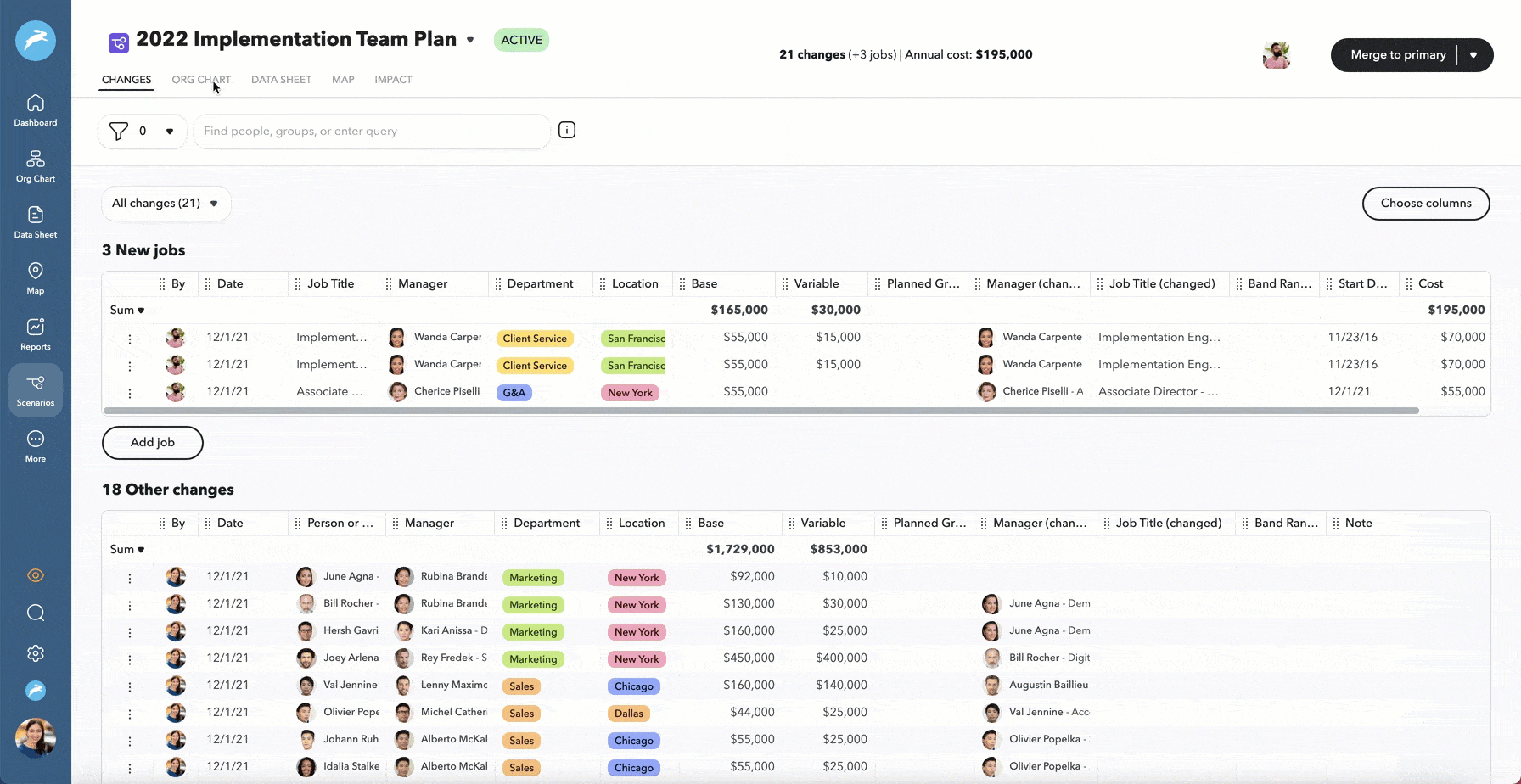 Scenario planning for headcount planning in ChartHop