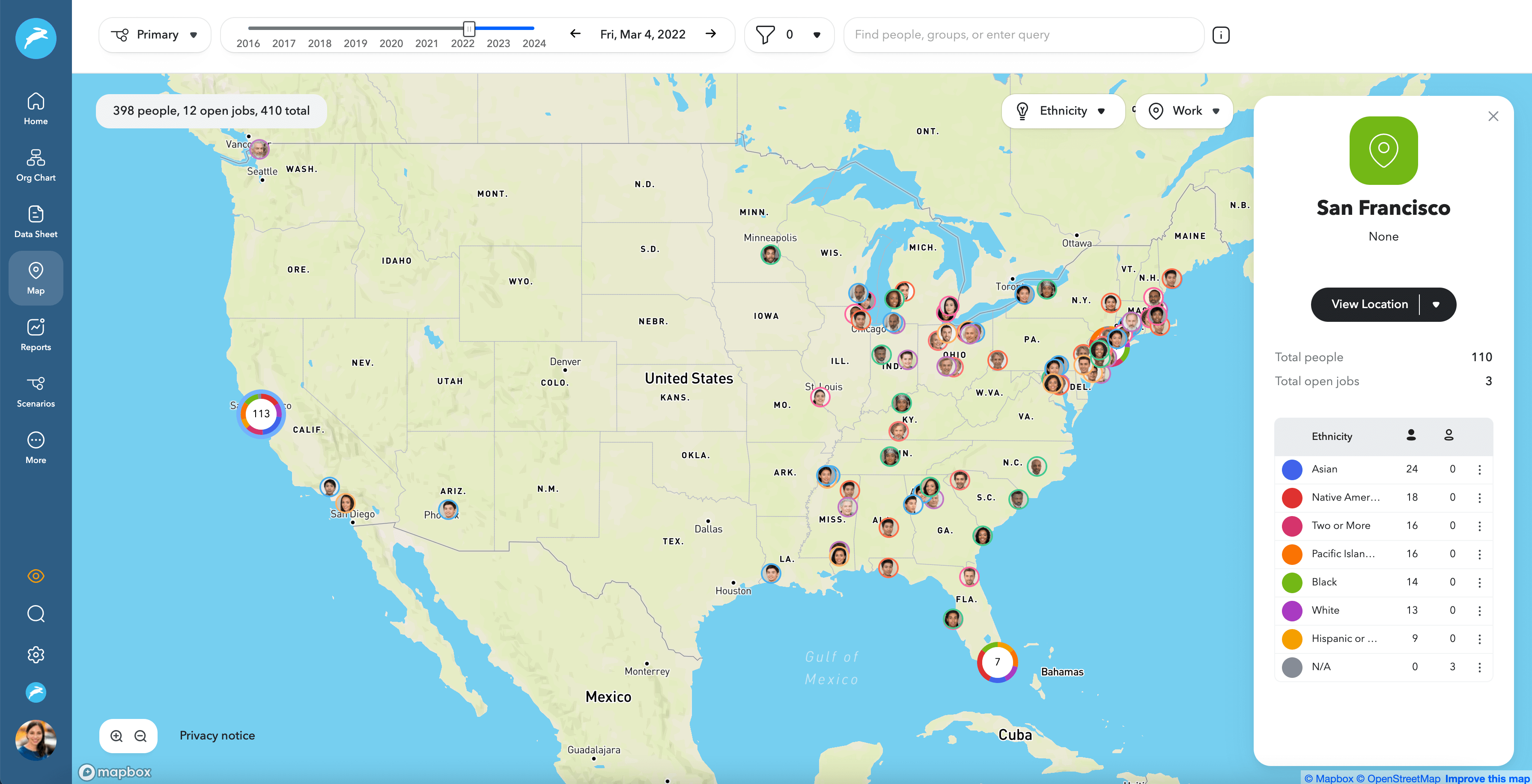 DEI reporting workforce map highlighted by race and ethnicity in ChartHop