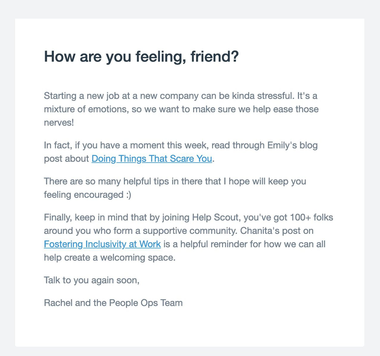 Preboarding welcome email example from Help Scout