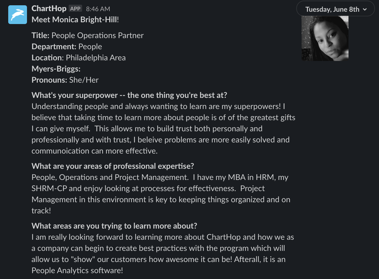 ChartHop about me employee profile in Slack