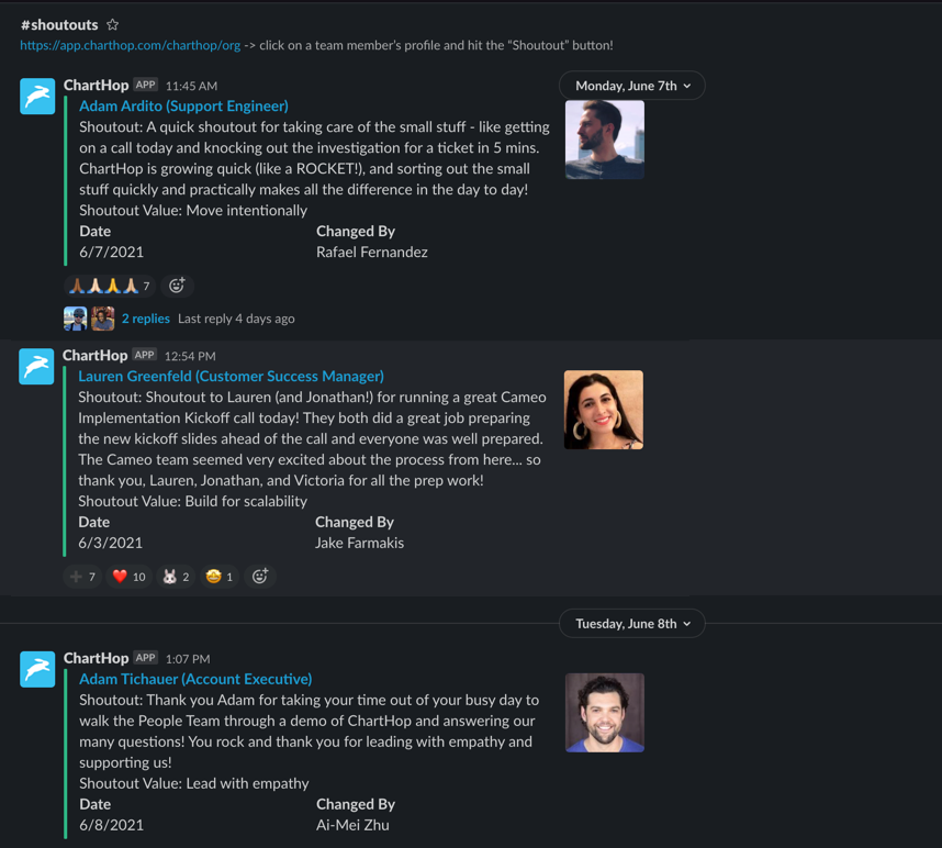 Sample Slack Shoutout from ChartHop